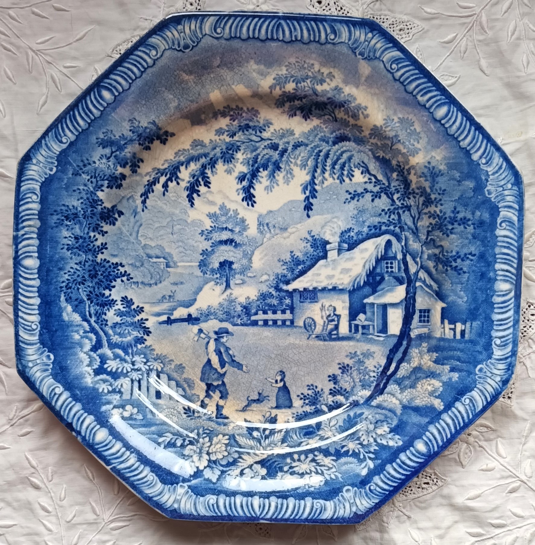 Antique English Georgian Blue & White Transfer Plate ~ "Returning Woodman" ~ Brameld & Co.